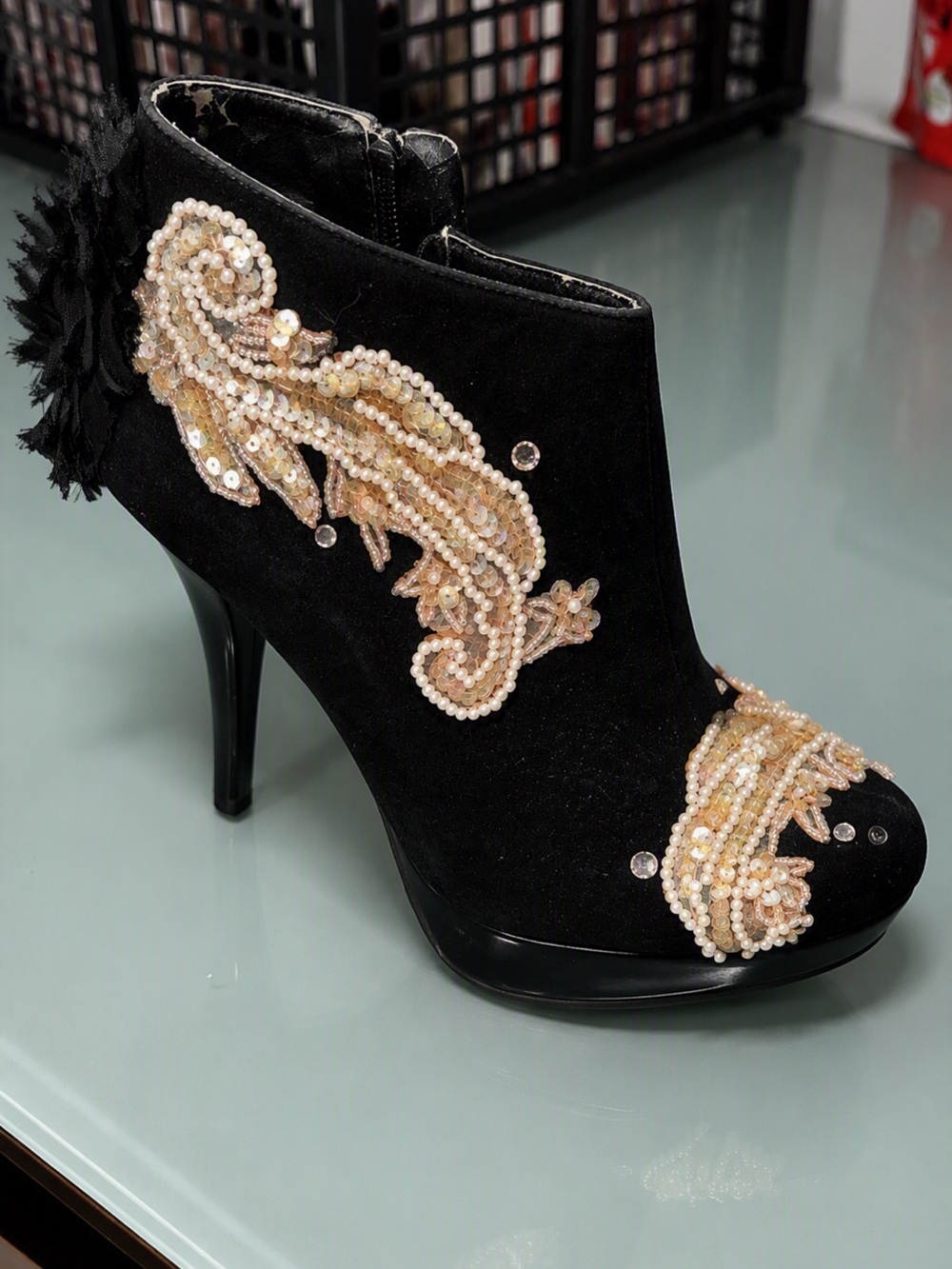 Custom designer Black Suede Beaded Ankle Booties (none like it) sz 8.5